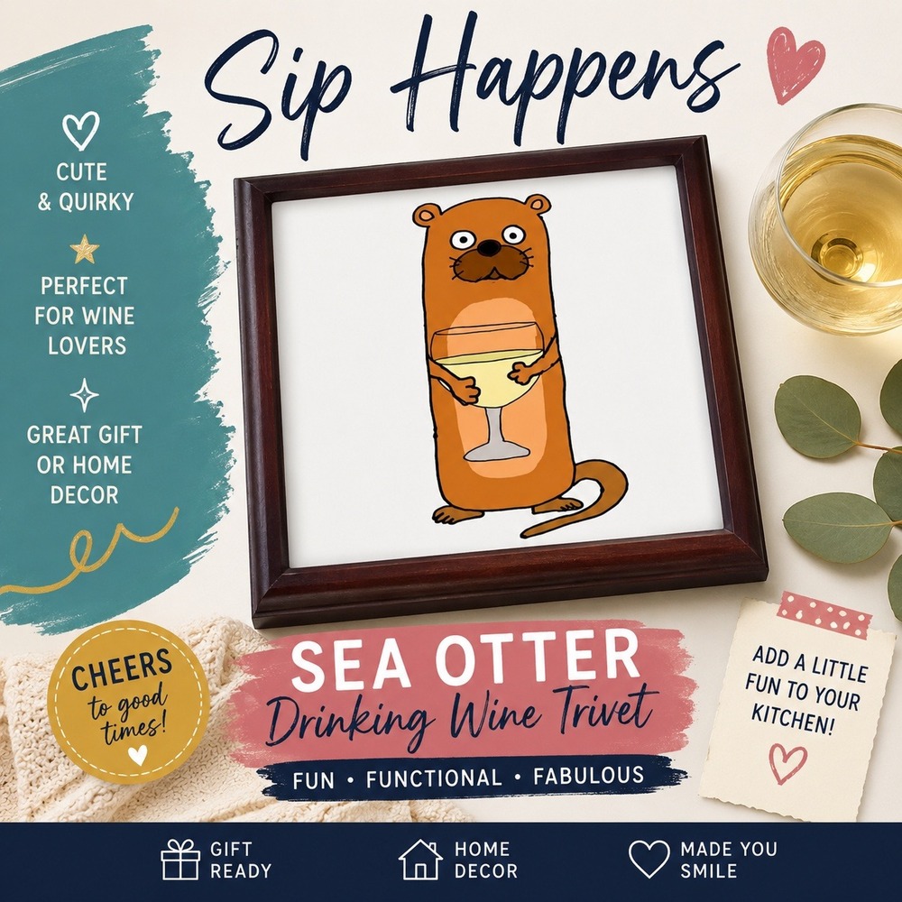 Sea Otter Drinking Wine Trivet Funny Kitchen Deco Ceramic‎ Hot Plate Wine NWT